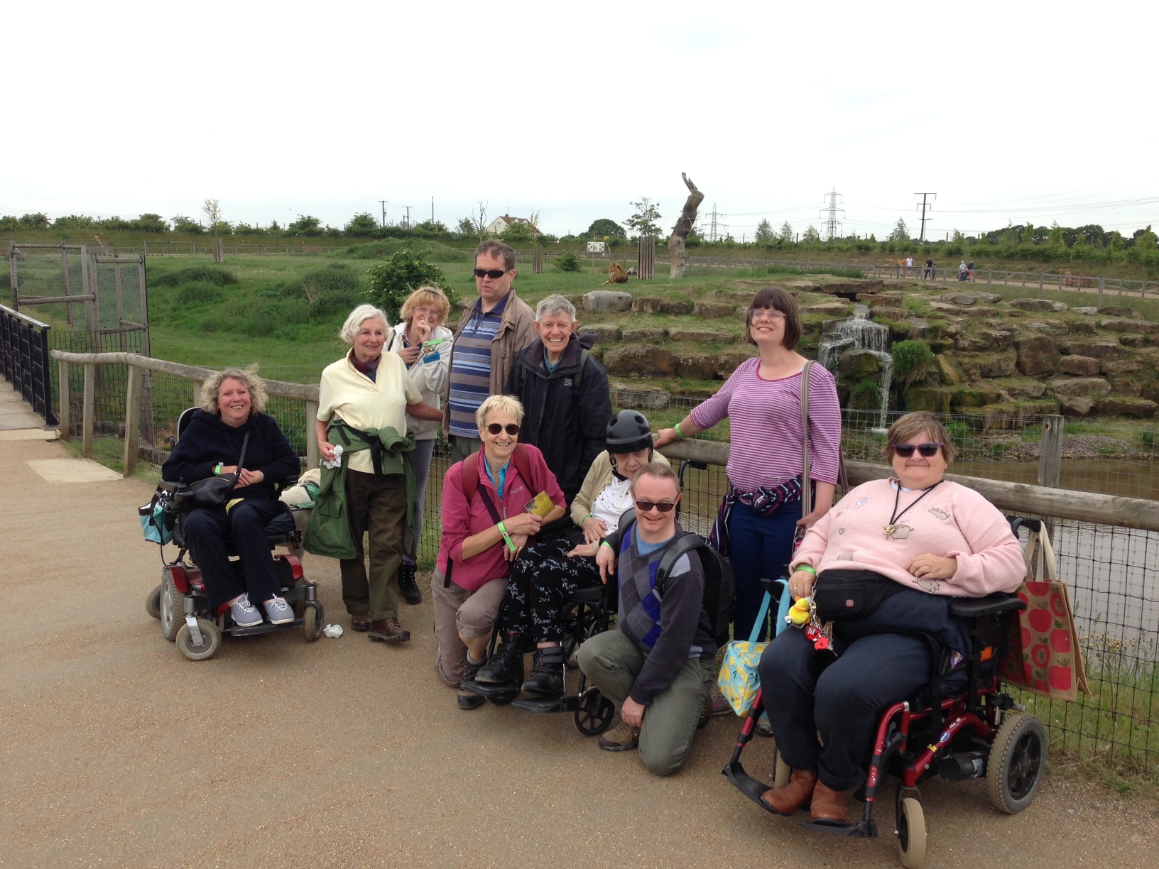 A group of people including wheelchair users standing by an animal enclosure.