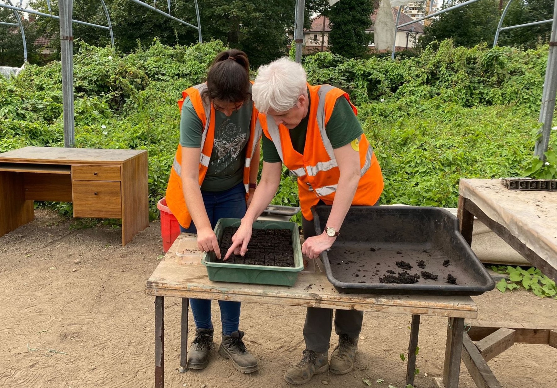 Two women sowing seeds