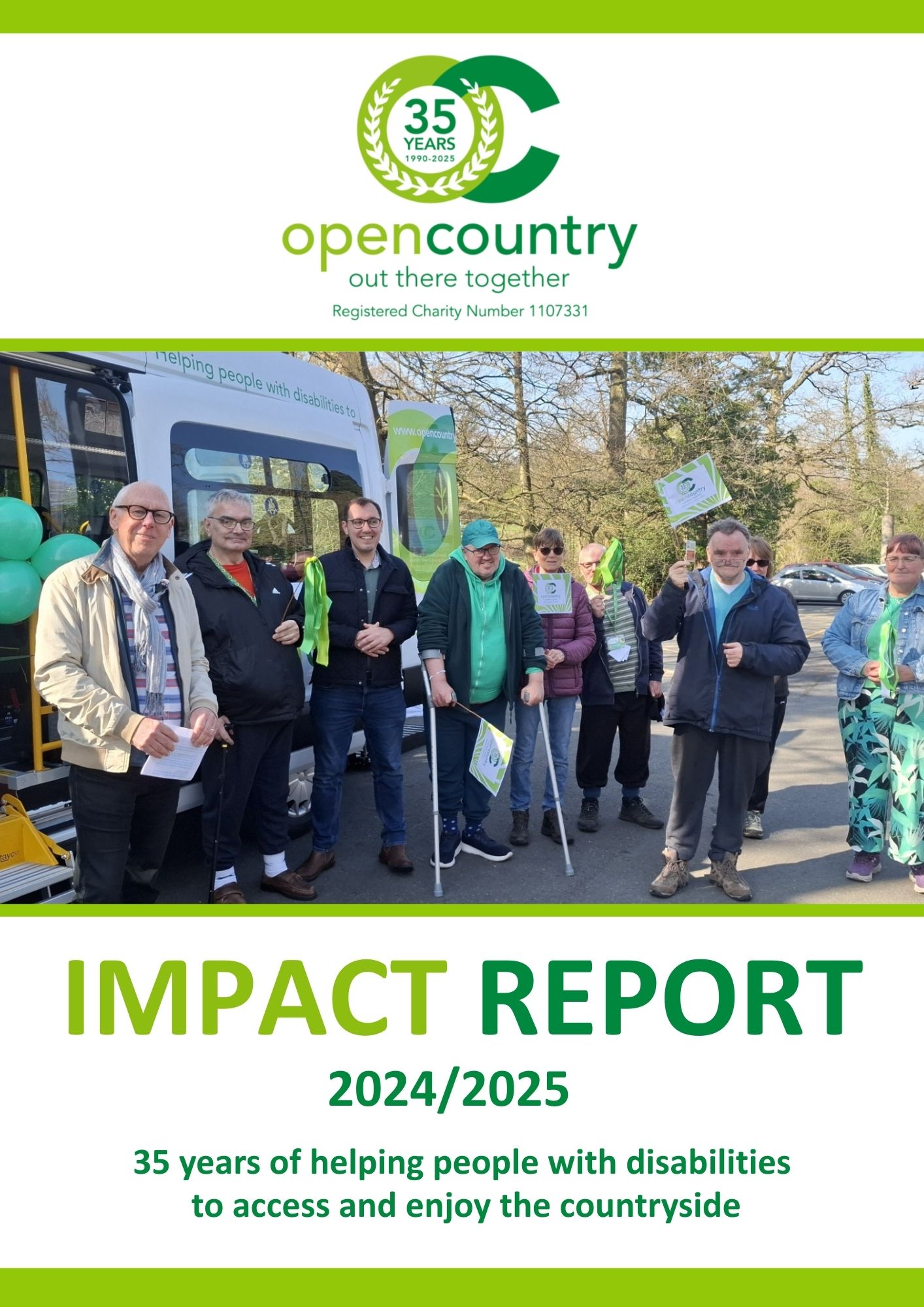 The cover of the impact report shows a 14 members of Open Country in a moorland setting with grass field.